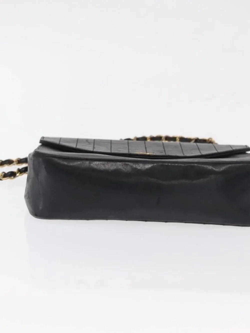 CHANEL Mademoiselle Chain Shoulder Bag Lamb Skin Black Gold CC Auth bs21196
